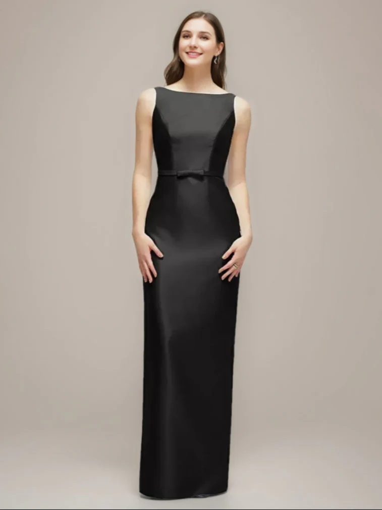 Sheath/Column Jewel Neck Sleeveless Wedding Guest Dresses with Bow Belt & Slit - QUGEX