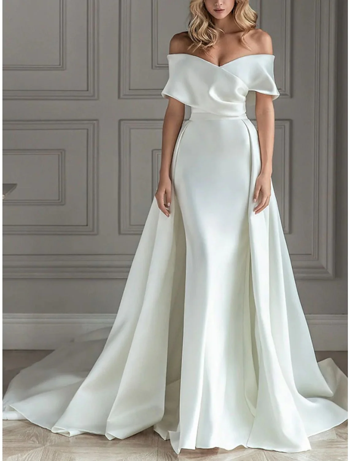 A-Line/Princess Off-the-Shoulder Floor-length Wedding Dress - QUGEX