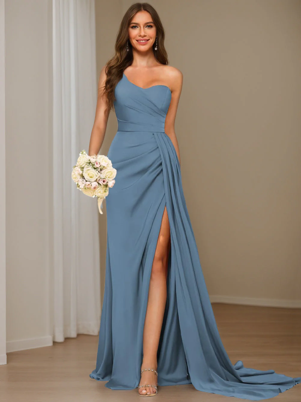 A-Line/Princess Satin One-shoulder Sleeveless Floor-Length Bridesmaid Dresses - QUGEX
