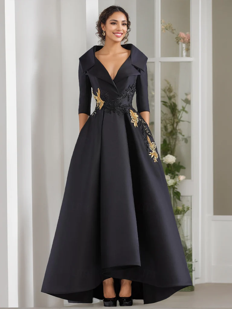A-Line/Princess V-Neck 3/4 Sleeves Floor Length Mother of the Bride Dresses With Appliques & Beading - QUGEX