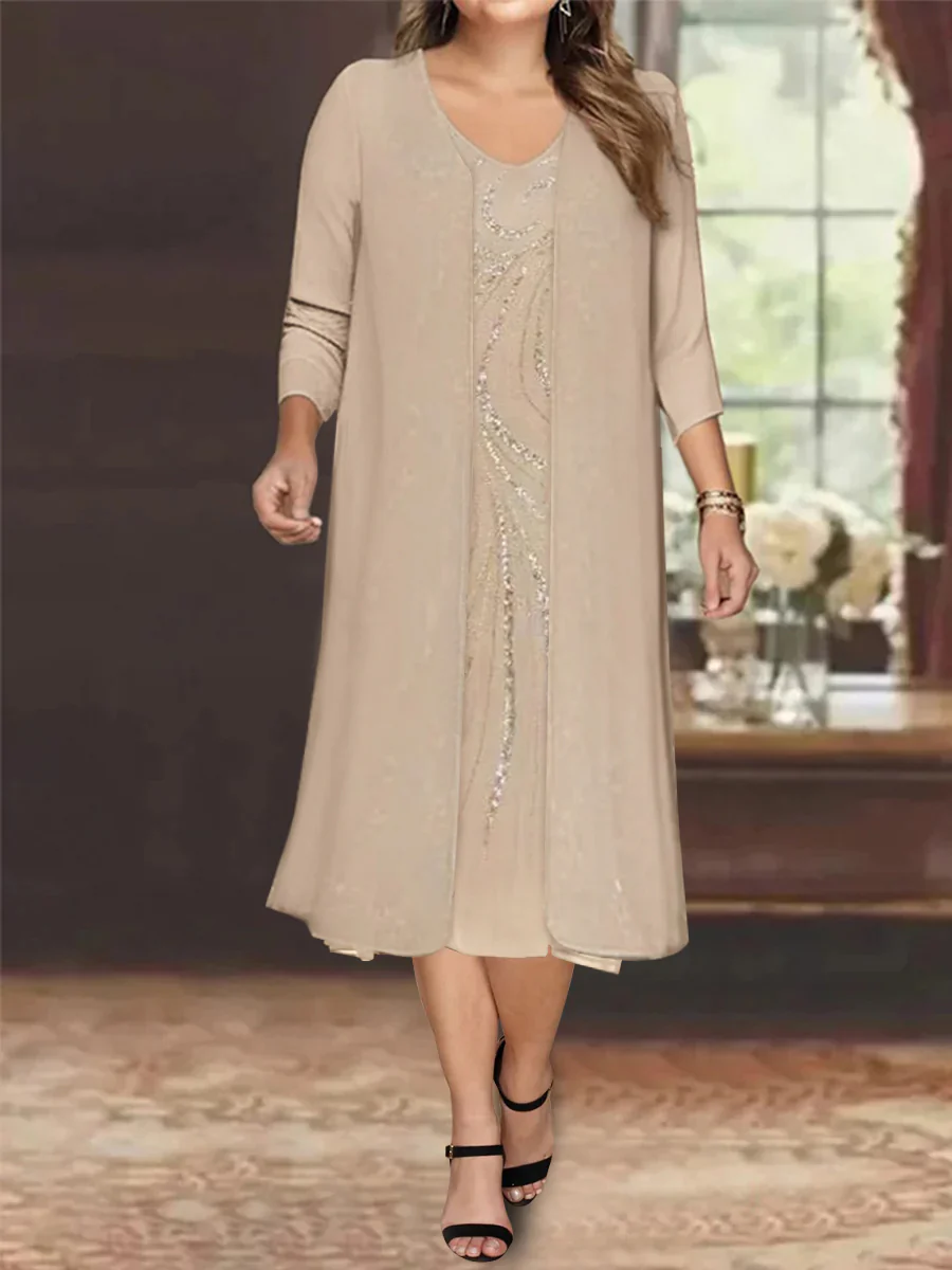 Sheath/Column V-Neck Long Sleeves Tea-Length Plus Size Mother of the Bride Dresses with Jacket & Sequins - QUGEX