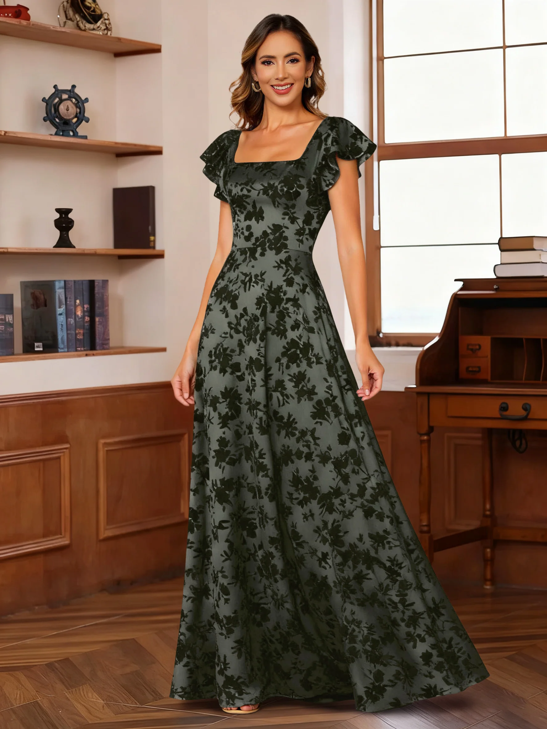 A-Line/Princess Square Collar Wedding Guest Dresses Short Sleeves Floor-Length with Ruffles - QUGEX