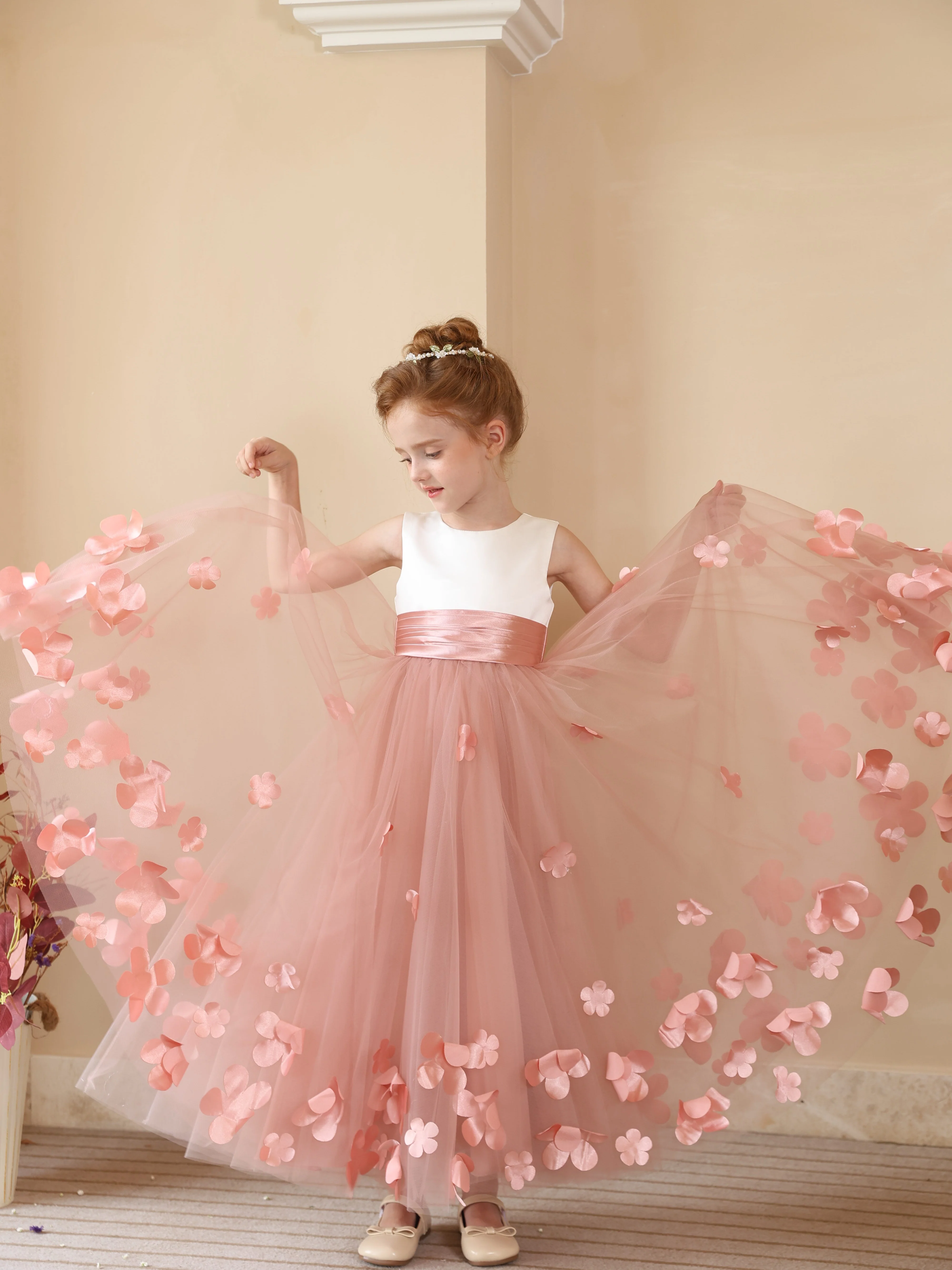 Ball-Gown Satin Tulle Scoop Sleeveless Ankle Length  Flower Girl Dresses With Flower - QUGEX