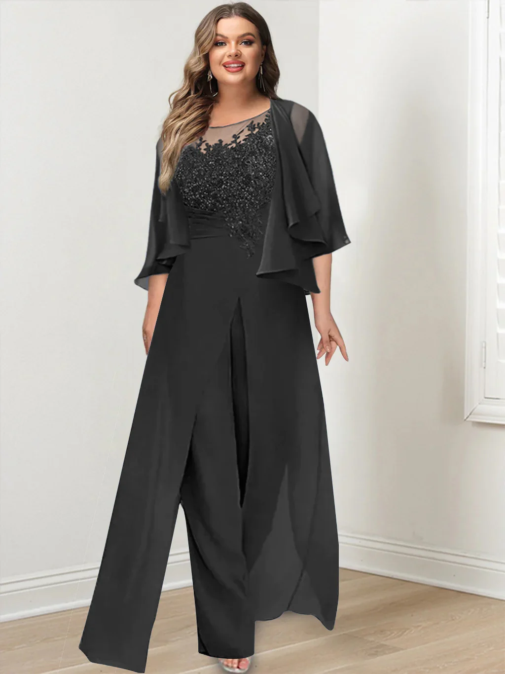 A-Line/Princess Scoop Floor-Length Plus Size Mother of the Bride Jumpsuits with Jacket, Split Side & Appliques - QUGEX