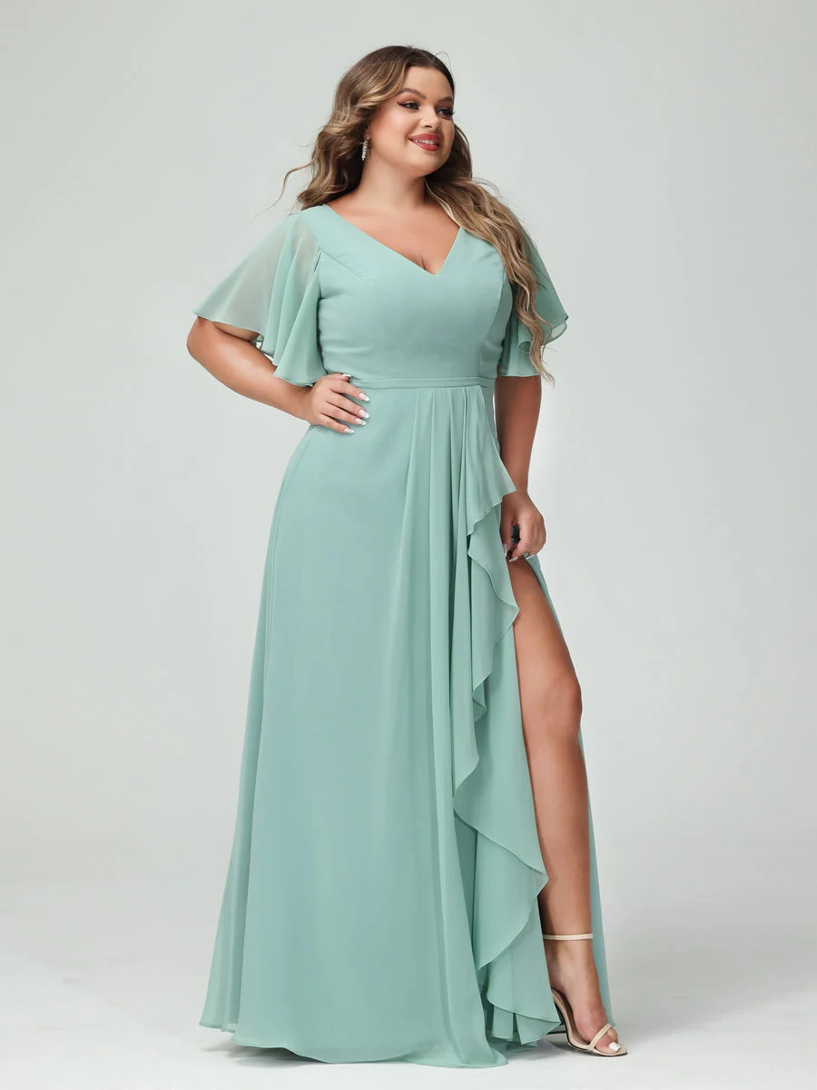 A-Line/Princess V-Neck Half Sleeves Chiffon Plus Size Bridesmaid Dresses with Split Side & Ruffles - QUGEX