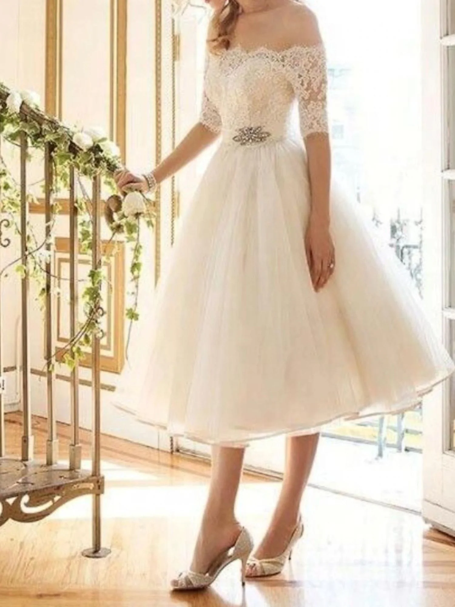 A-Line/Princess Lace Tulle Off-the-shoulder Half Sleeves Tea Length Appliques Wedding Dress - QUGEX