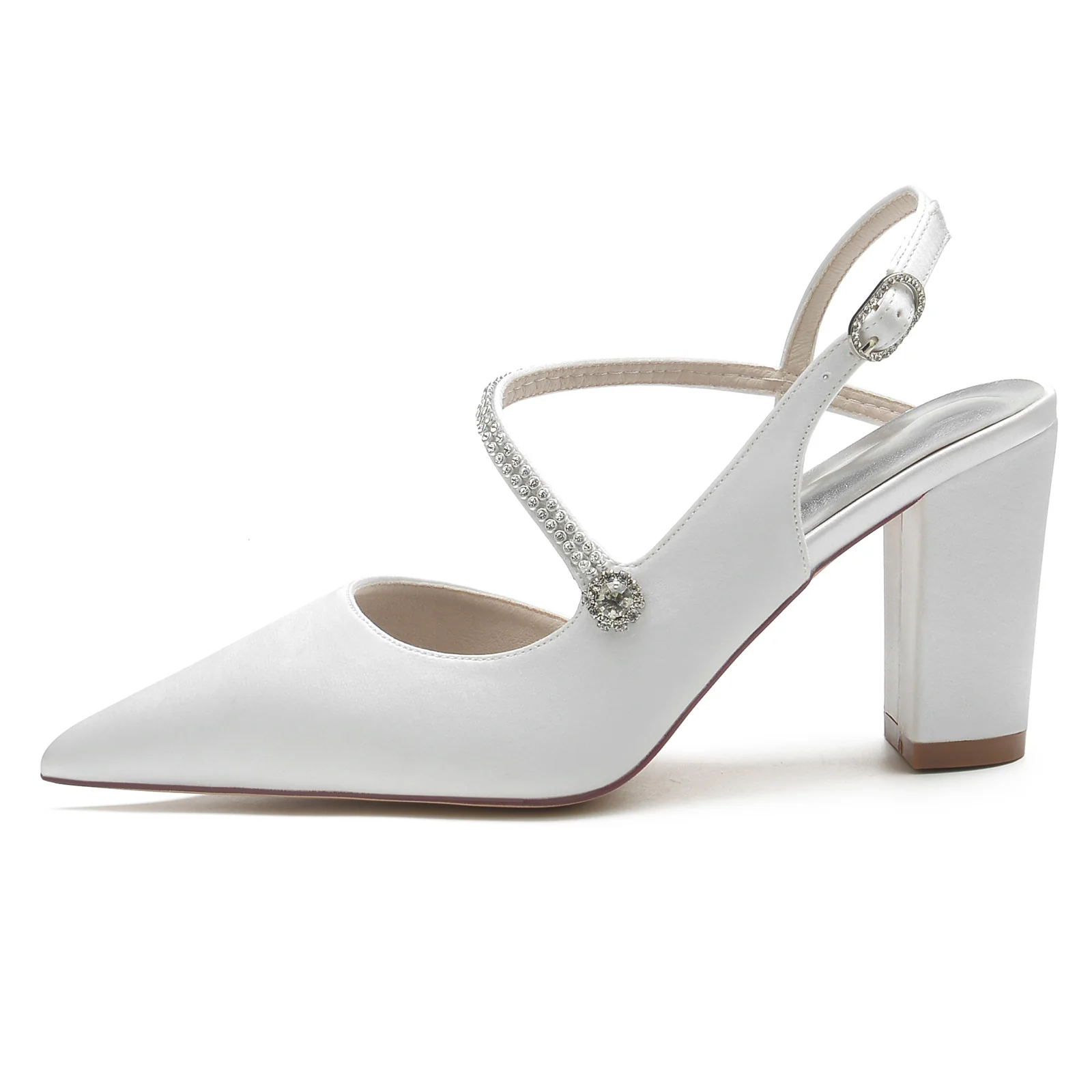 Women's Wedding Shoes Silk Satin Crystal Block Heel Pointed Toe Buckle Bridal Shoes - QUGEX