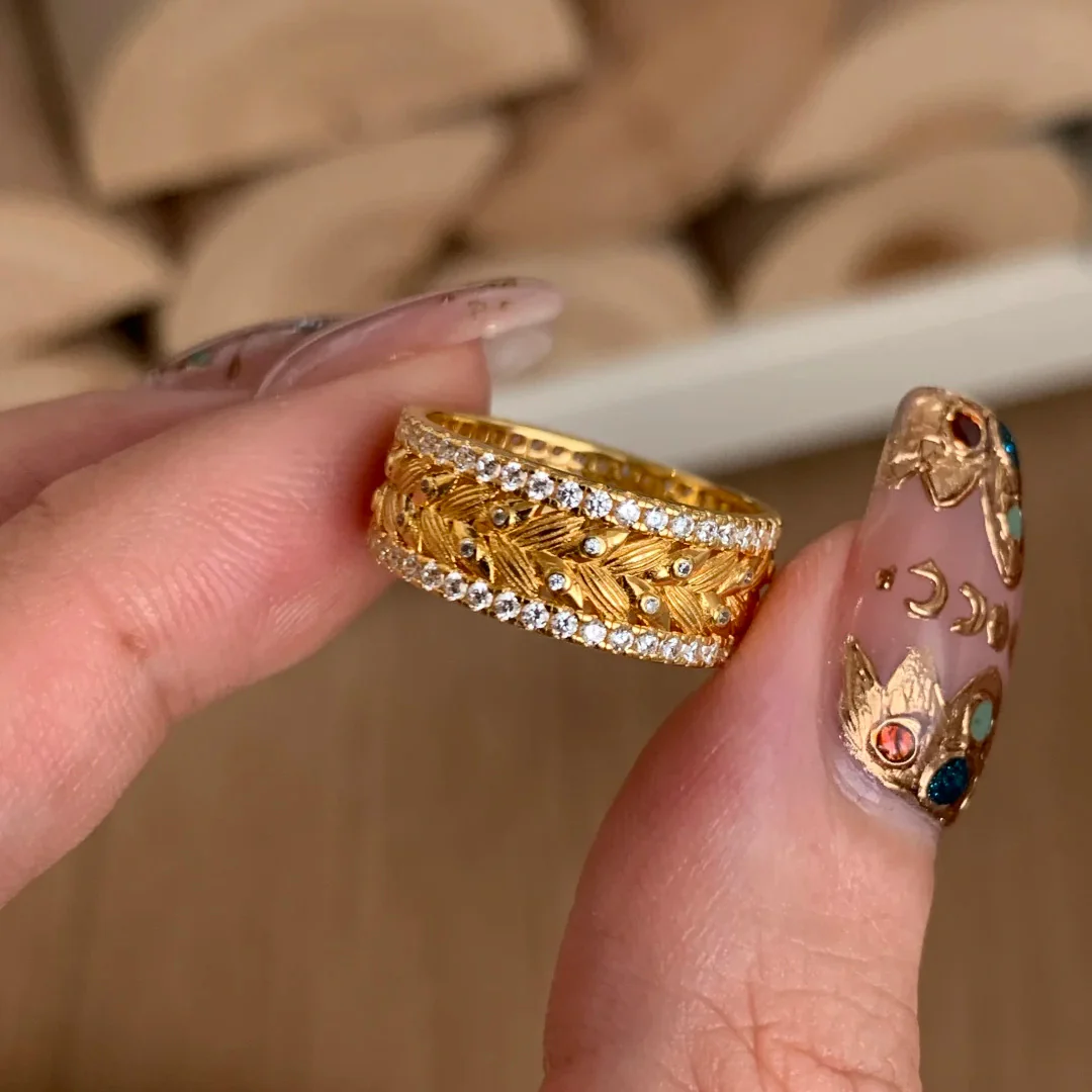 Retro Sparkling Diamond Gold Luxury Wheat Ring - QUGEX