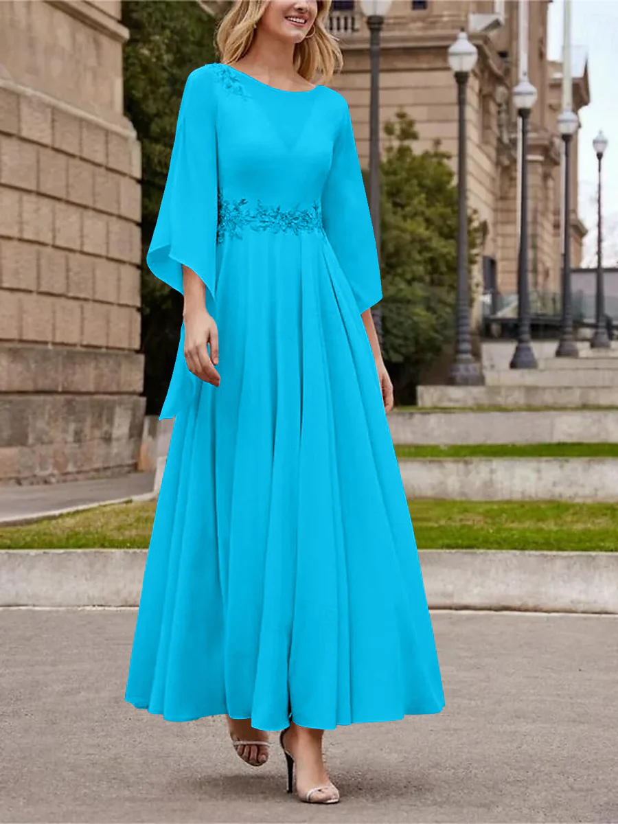 A-Line/Princess Jewel Neck 3/4 Length Sleeve Ankle-Length Mother of the Bride Dresses with Sequins - QUGEX