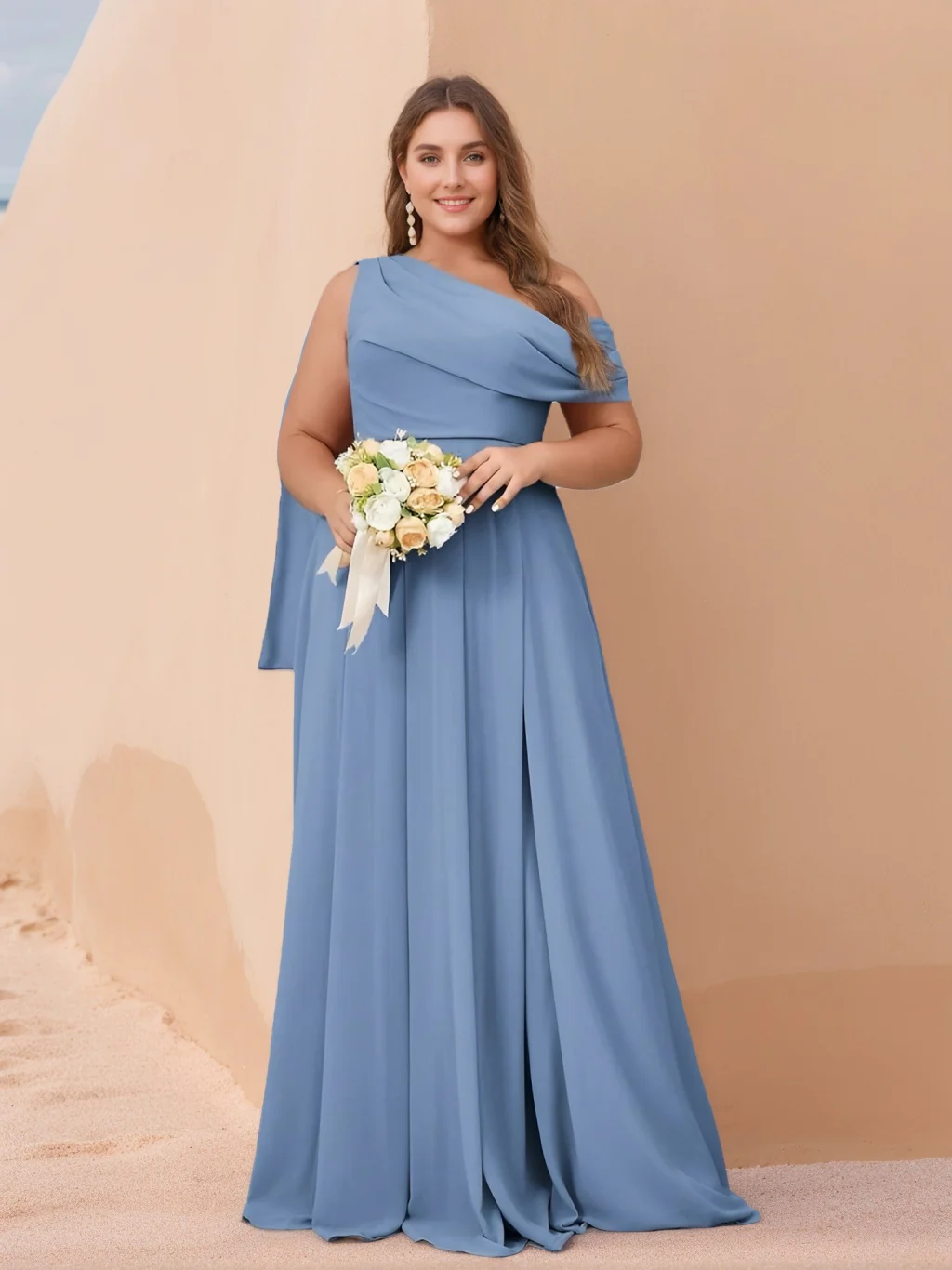 A-Line/Princess One-Shoulder Floor-Length Plus Size Bridesmaid Dresses with Ruffles - QUGEX