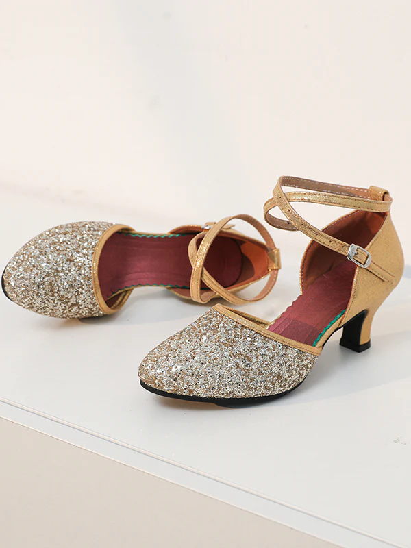 Women's Dancewear Shoes Buckle Glitter Low Heel Round Toe Latin Suede Dance Shoes - QUGEX