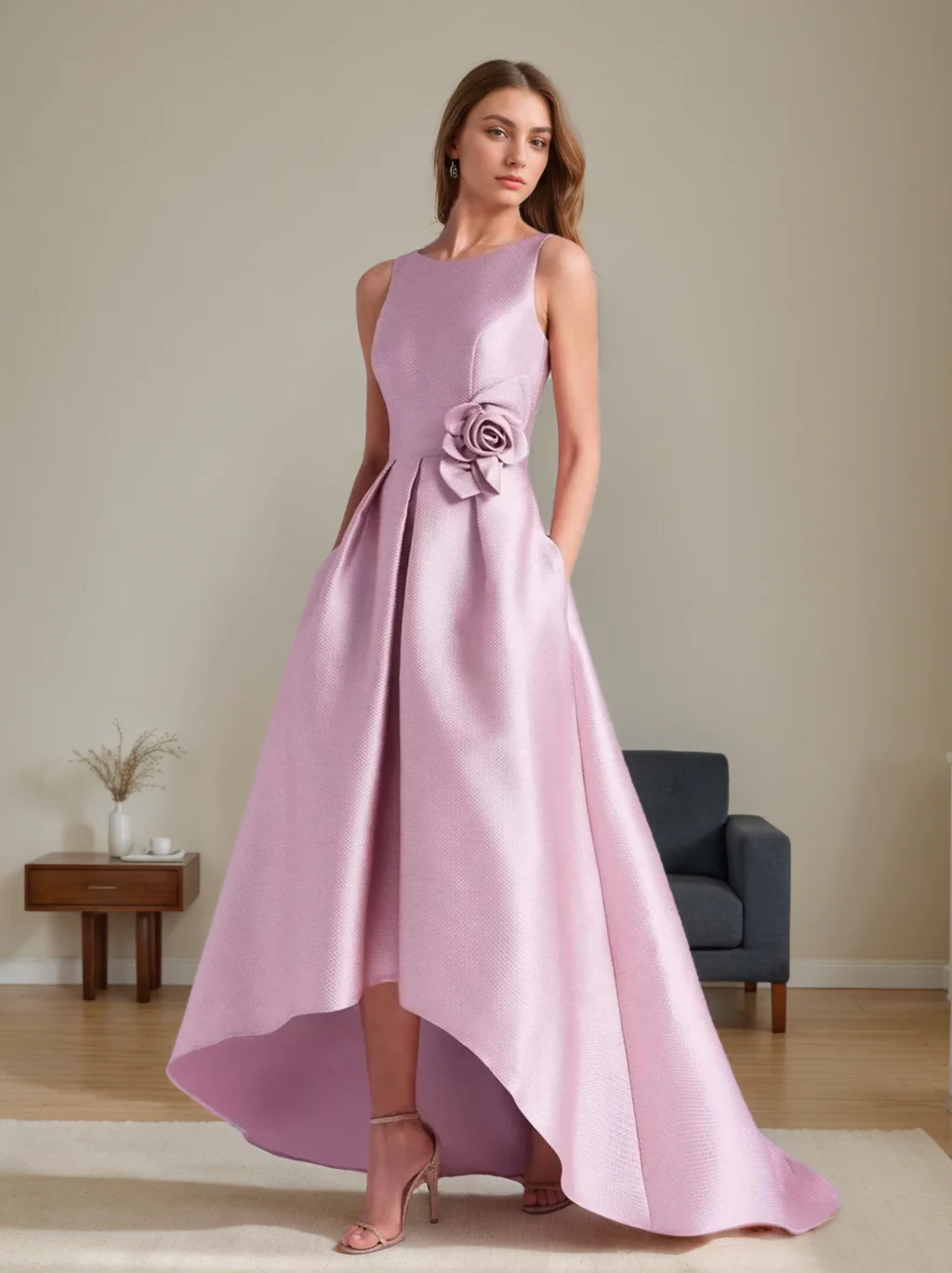 A-Line/Princess Scoop Sleeveless Asymmetrical Mother of the Bride & Groom Dresses with Flowers - QUGEX