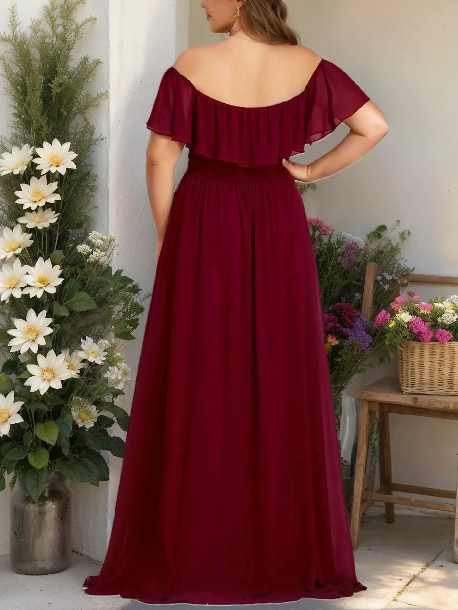 A-Line/Princess Off-the-Shoulder Asymmetrical Plus Size Bridesmaid Dresses with Ruffles - QUGEX