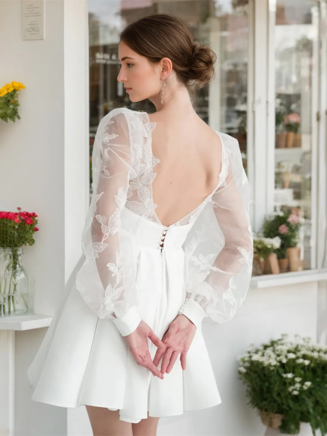 A-Line/Princess V-Neck Long Sleeves Mini Lace Wedding Dress - QUGEX