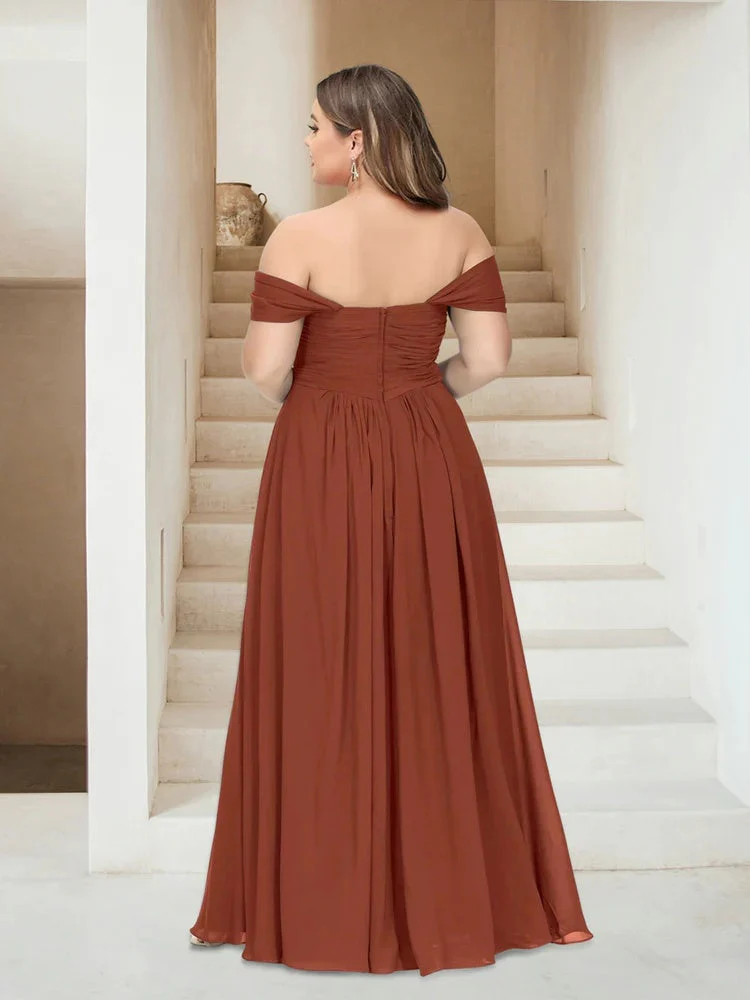 A-Line/Princess Off-the-Shoulder Sleeveless Chiffon Plus Size Bridesmaid Dresses with Pockets - QUGEX