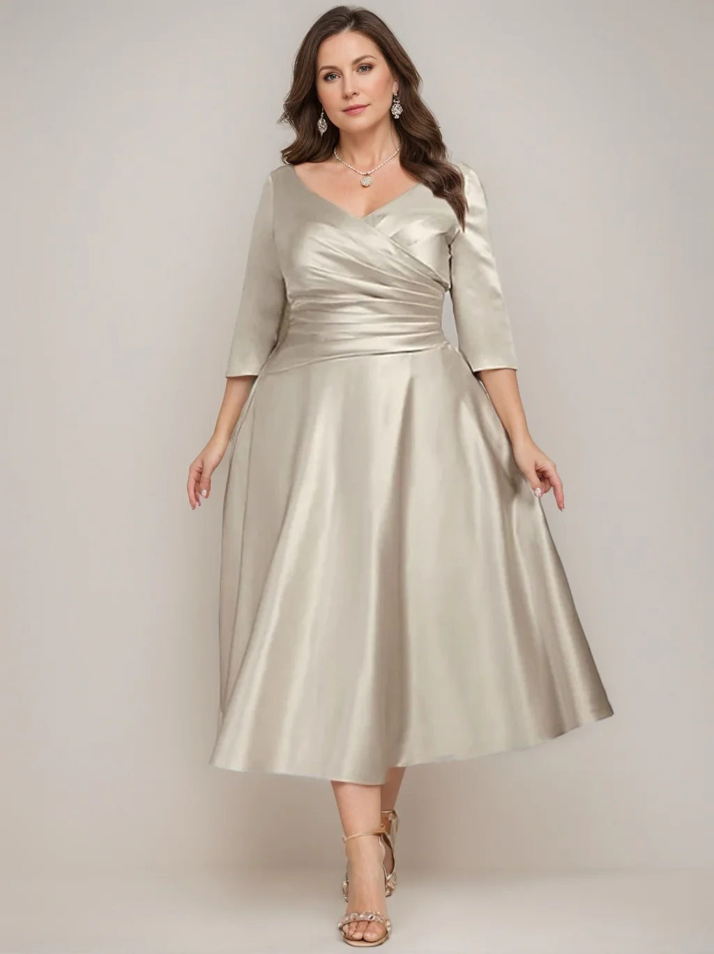A-Line/Princess V-Neck Tea-Length Mother of the Bride Dresses - QUGEX