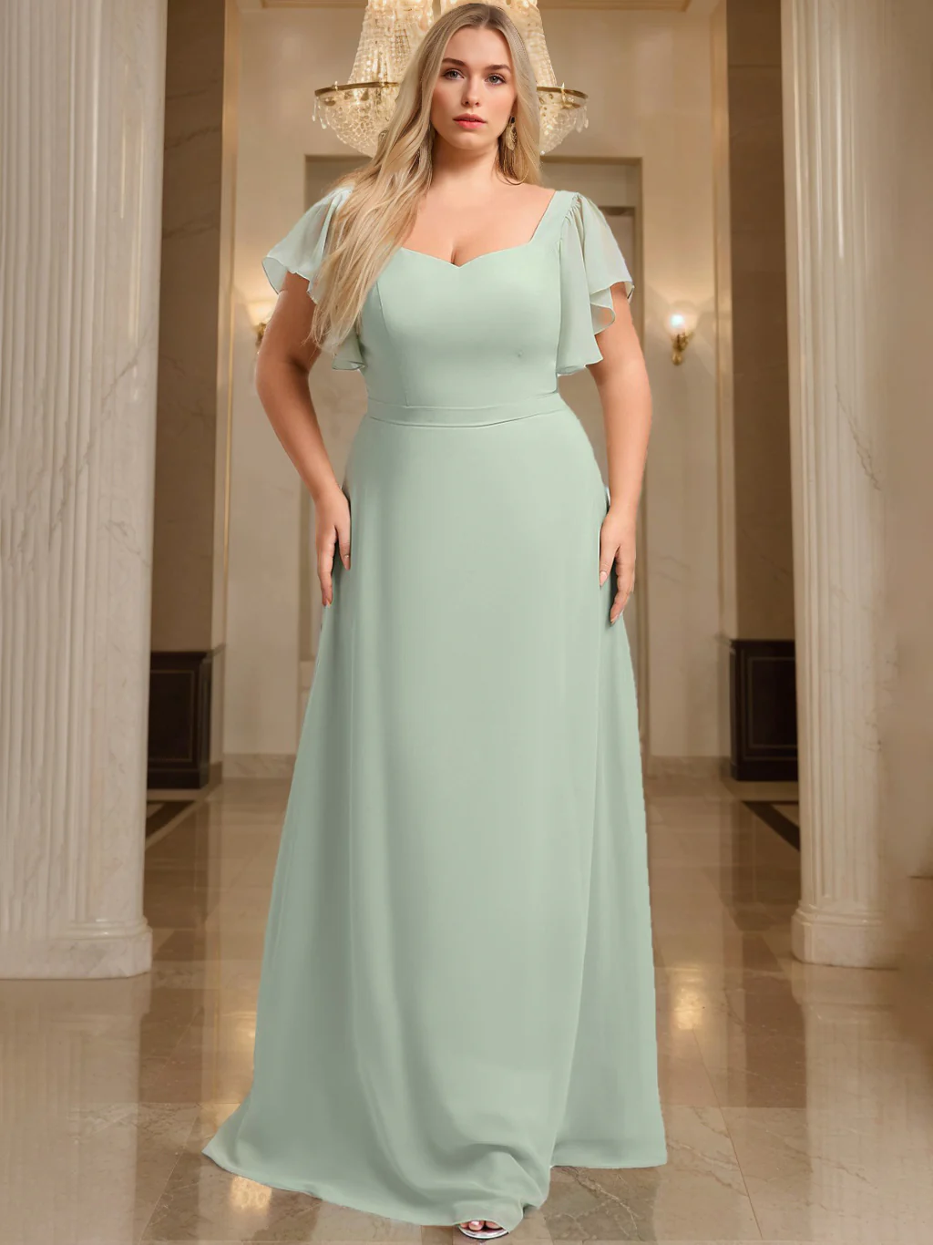 A-Line/Princess V-Neck Short Sleeves Floor-Length Chiffon Plus Size Bridesmaid Dresses - QUGEX