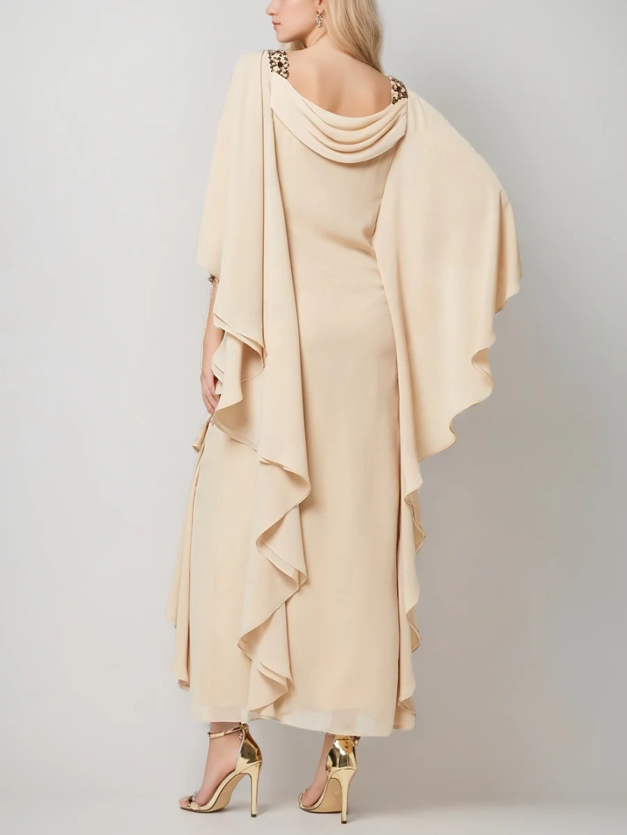 Sheath/Column Cowl Neck Chiffon Mother of the Bride Dresses Cape Sleeves Ankle-Length Beading Ruffles - QUGEX