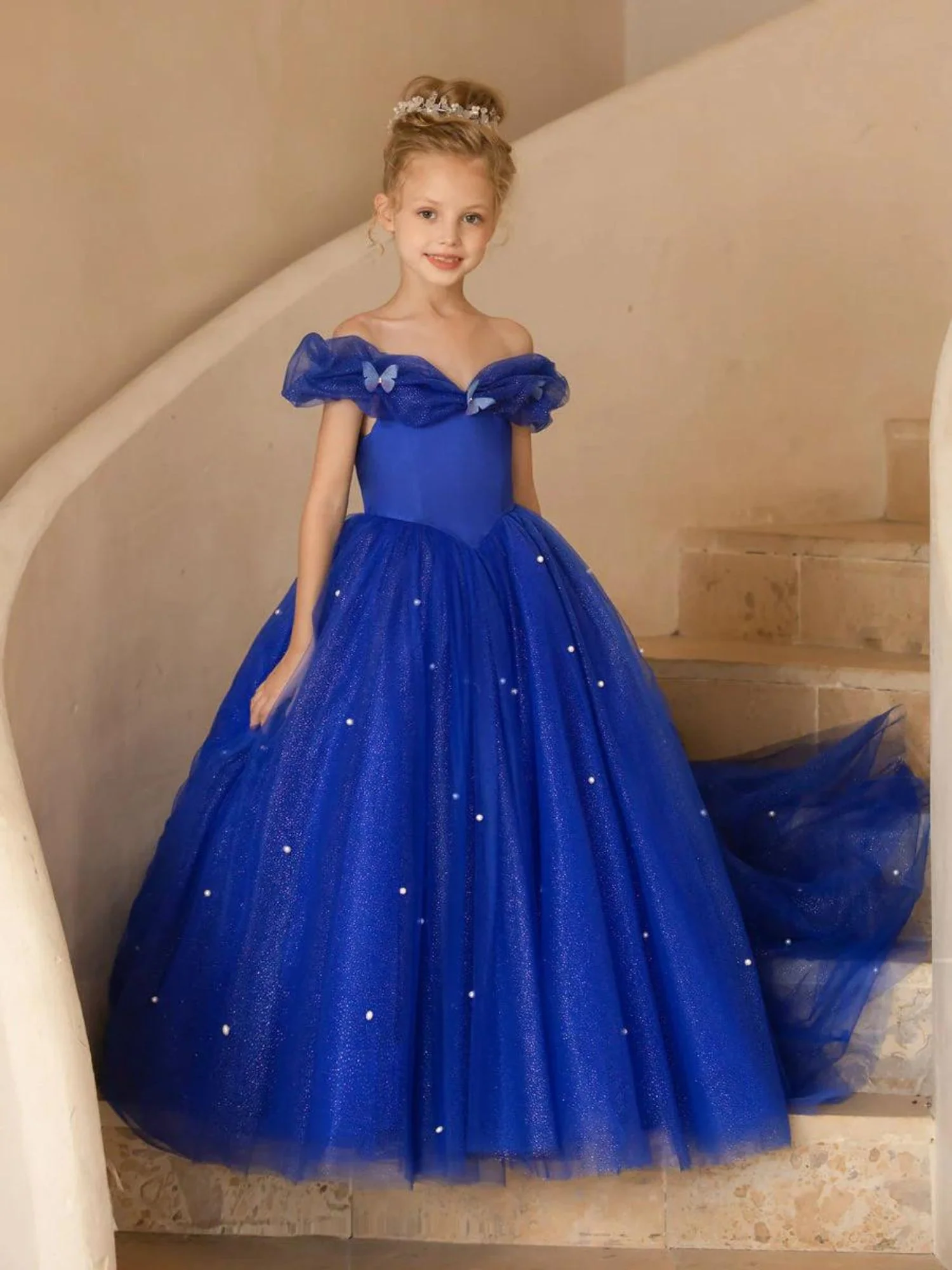 A-Line/Princess Off-the-shoulder Short Sleeves Floor Length Flower Girl Dresses with Pearls - QUGEX