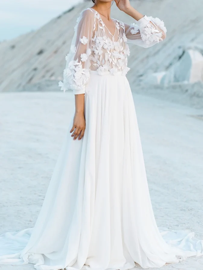 A-Line/Princess V-Neck Floor-Length Wedding Dress With Appliques - QUGEX