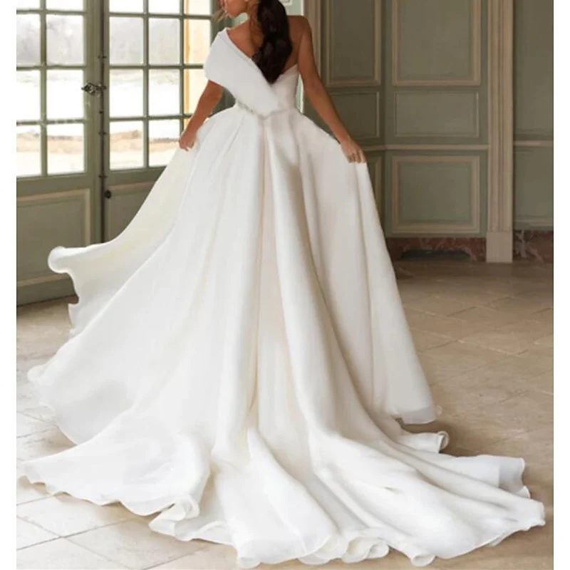 A-Line/Princess One Shoulder Wedding Dresses Court Train With Appliques Split Front - QUGEX