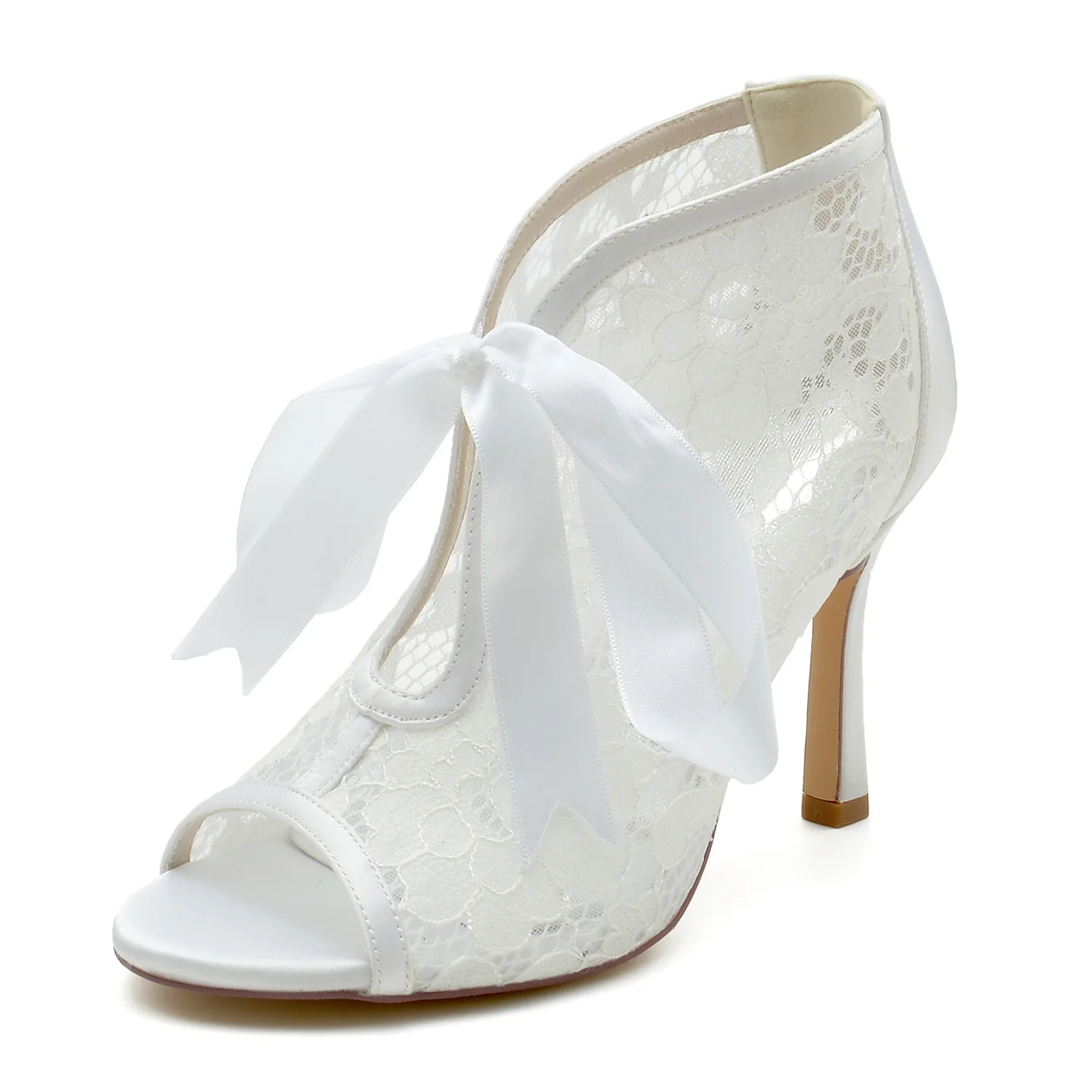 Women's Wedding Shoes Lace High Heel Peep Toe Bow Bridal Shoes - QUGEX