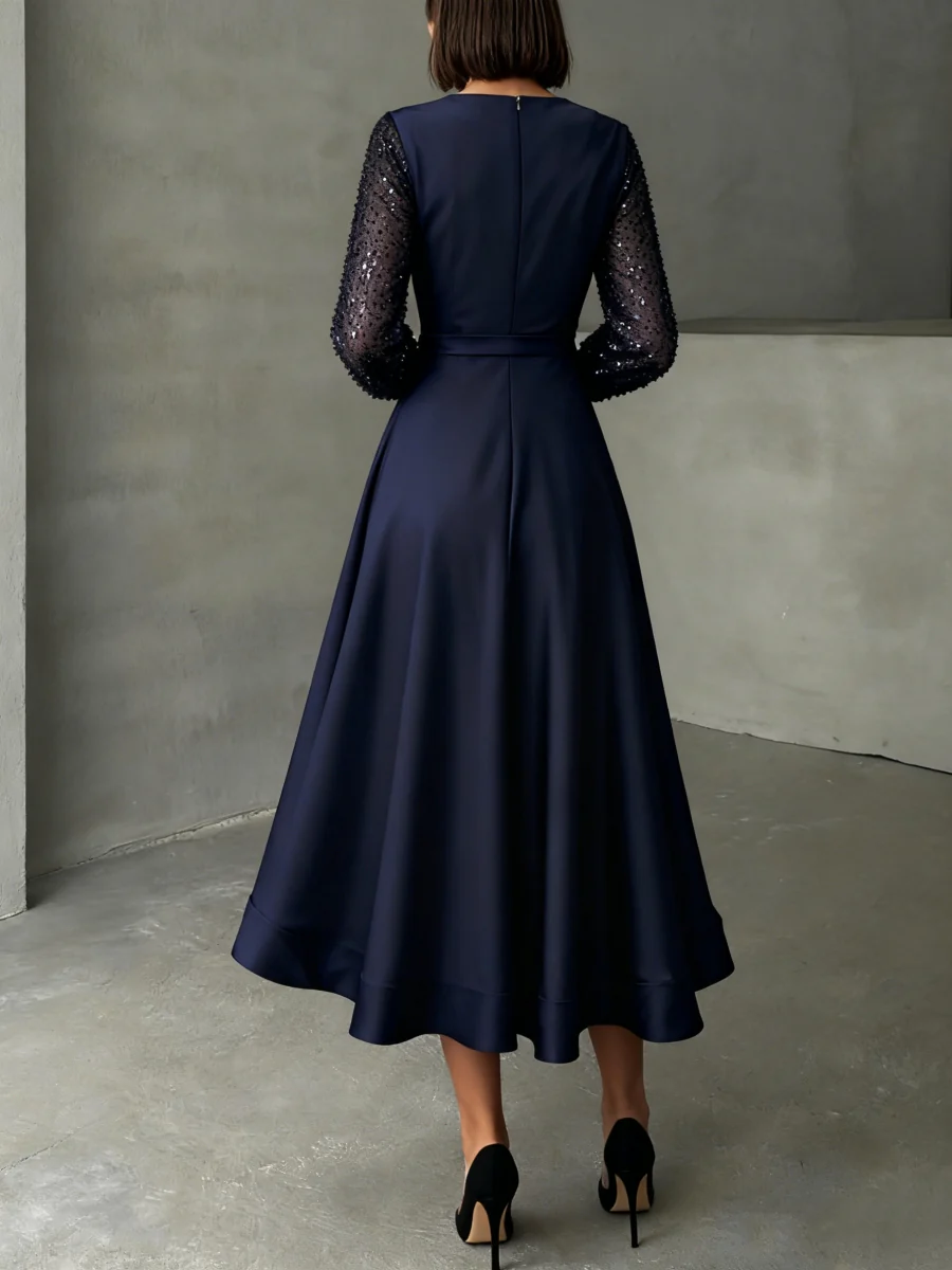 A-Line/Princess V-Neck Satin Mother of the Bride Dresses Long Sleeves Tea-Length Sequins - QUGEX