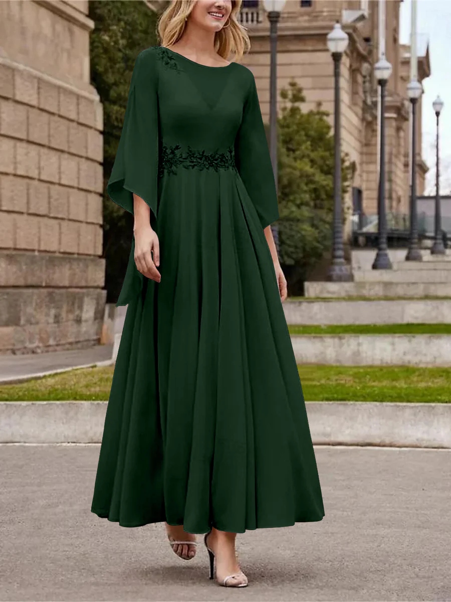 A-Line/Princess Jewel Neck 3/4 Length Sleeve Ankle-Length Mother of the Bride Dresses with Sequins - QUGEX