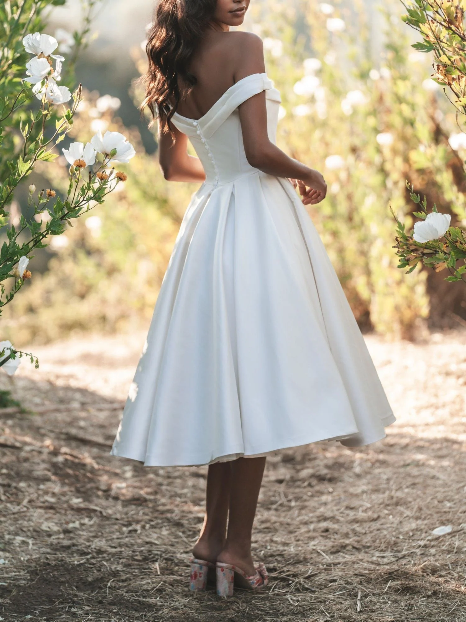 A-Line/Princess Off-the-Shoulder Tea-Length Satin Elegant Gown Wedding Dress - QUGEX