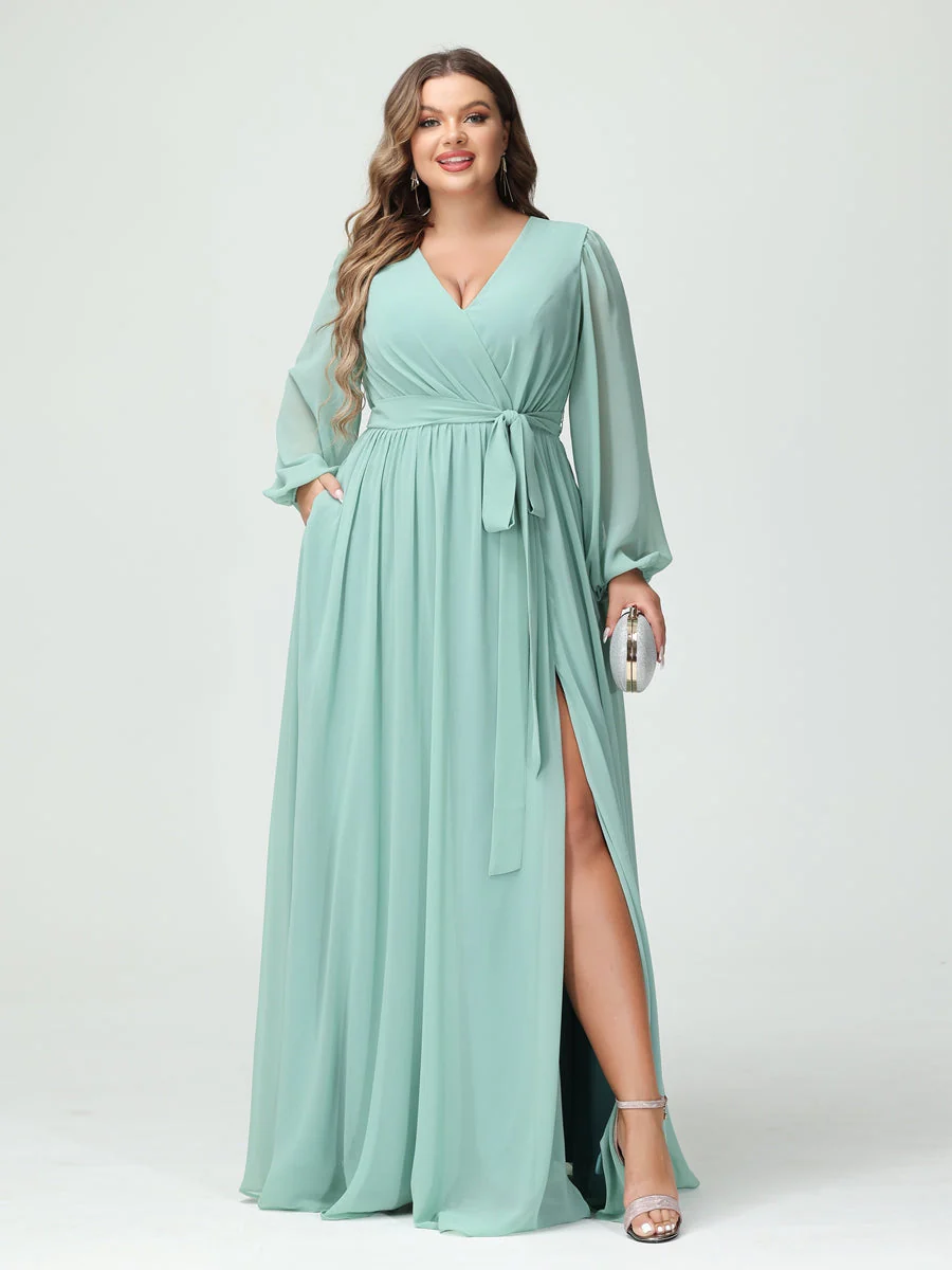 A-Line/Princess V-Neck Long Sleeves Chiffon Plus Size Bridesmaid Dresses with Pockets - QUGEX
