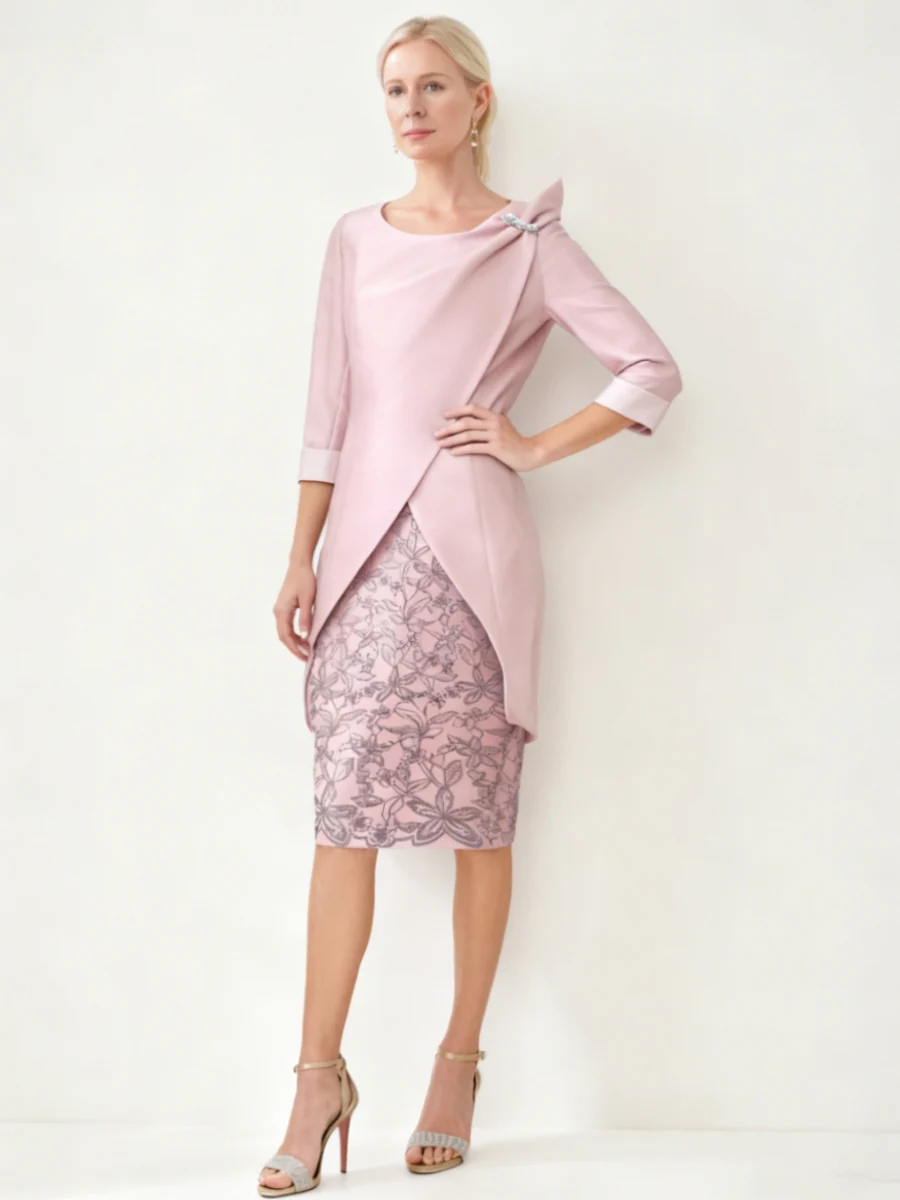 Sheath/Column 2 Pieces Scoop Satin Mother of the Bride Dresses with Jacket Lace 3/4 Sleeves Knee-Length - QUGEX