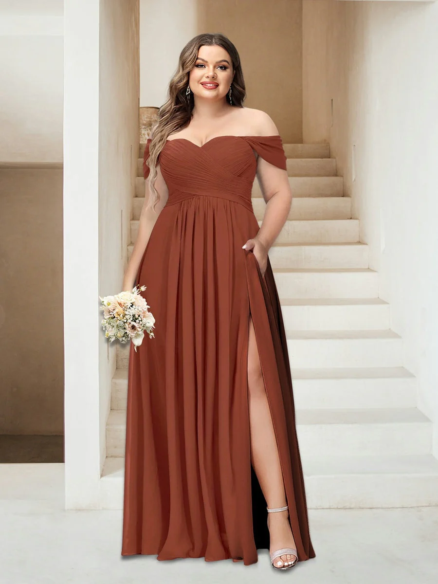 A-Line/Princess Off-the-Shoulder Sleeveless Chiffon Plus Size Bridesmaid Dresses with Pockets - QUGEX