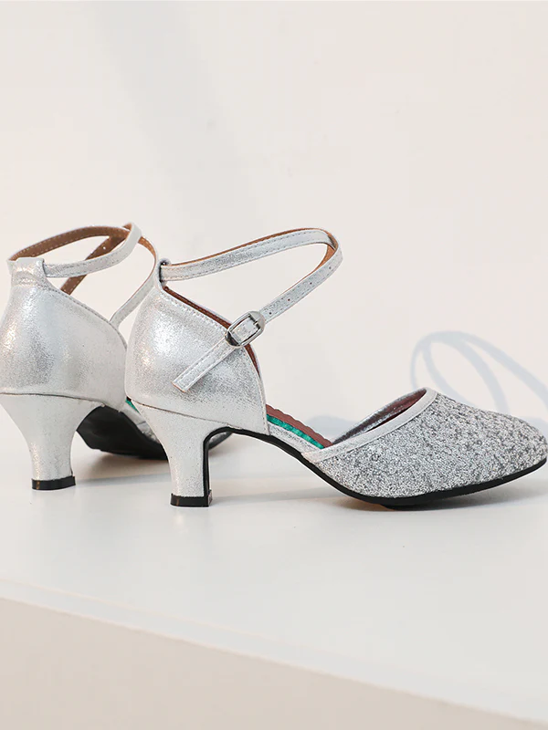 Women's Dancewear Shoes Buckle Glitter Low Heel Round Toe Latin Suede Dance Shoes - QUGEX