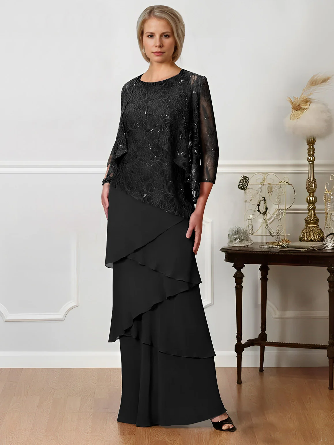 A-Line/Princess Jewel Neck Floor-Length Mother of the Bride Dresses - QUGEX