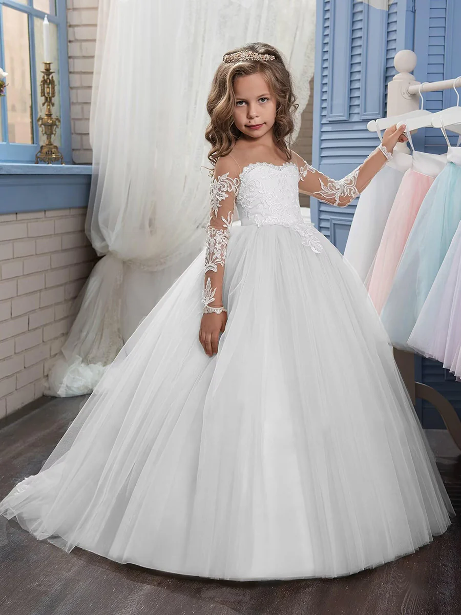 A-Line/Princess Sweetheart Long Sleeves Flower Girl Dresses with Appliques - QUGEX