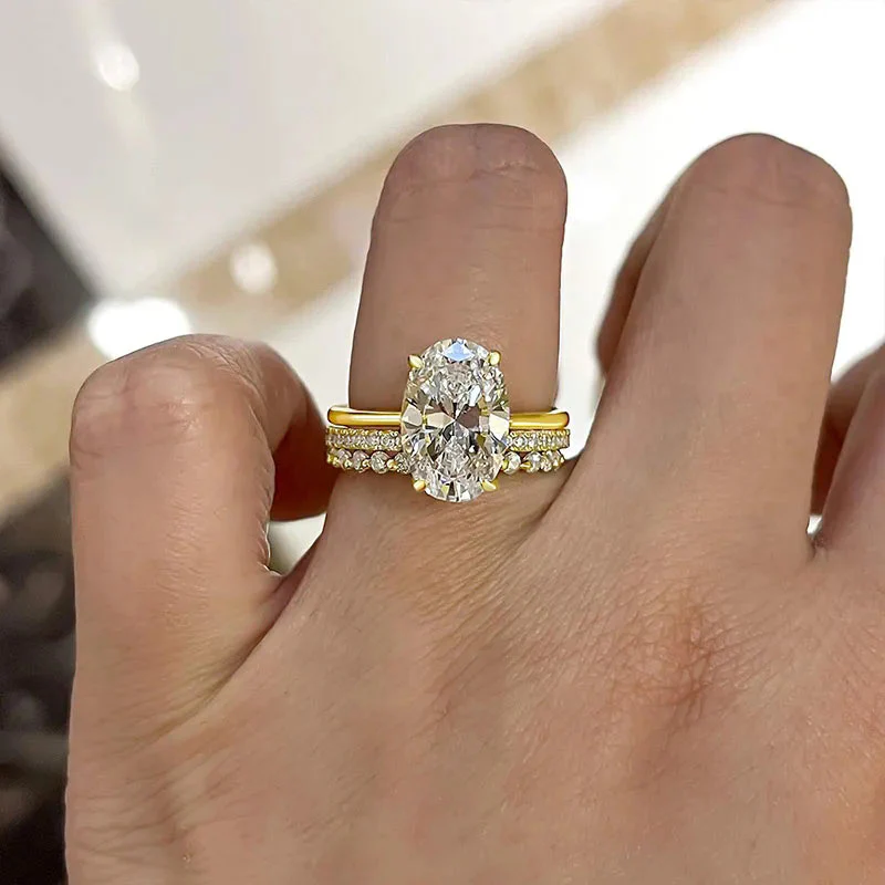 Oval Cut Yellow Gold Women's Wedding Ring Sets In Sterling Silve - QUGEX