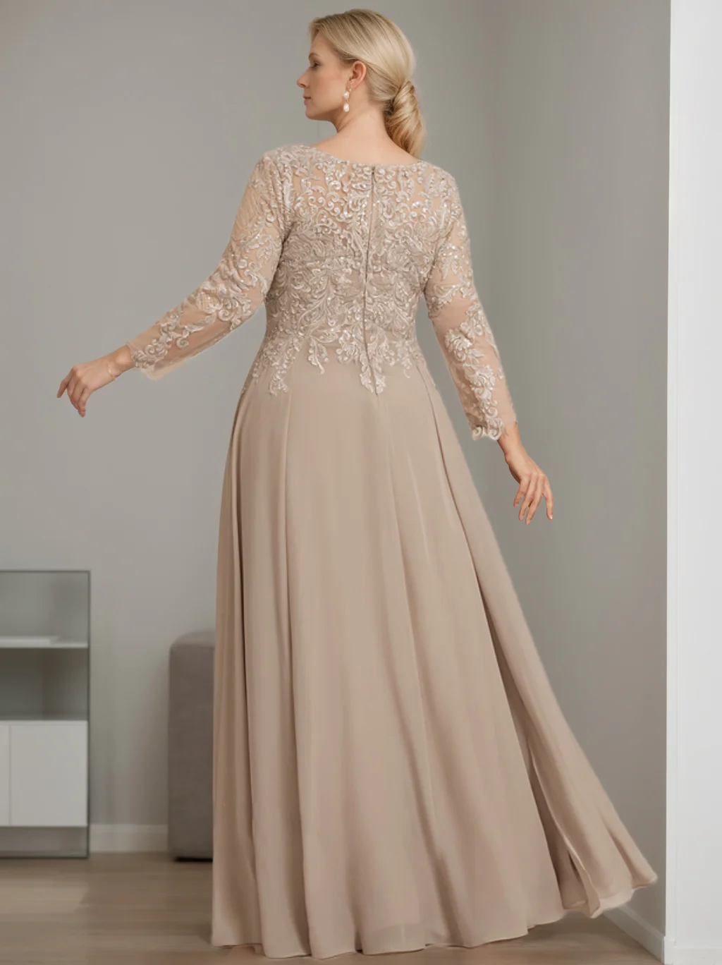 A-Line/Princess V-Neck 3/4 Length Sleeves Floor-Length Plus Size Mother of the Bride Dresses with Sequins - QUGEX