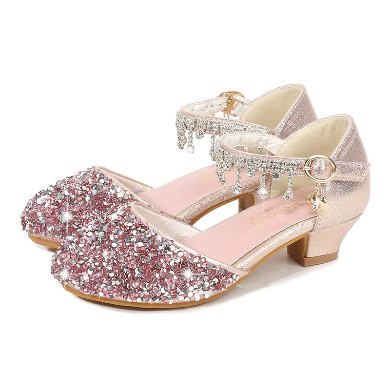 Sparkling Sequined Block Round Toe Buckle Girl's Shoes with Rhinestone - QUGEX