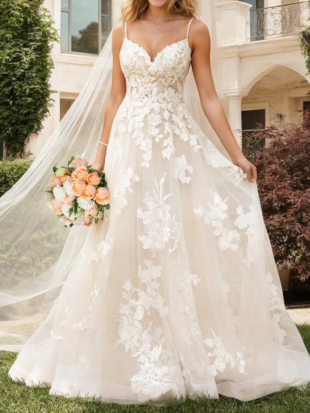 A-Line/Princess V-Neck Floor-length Wedding Dress - QUGEX