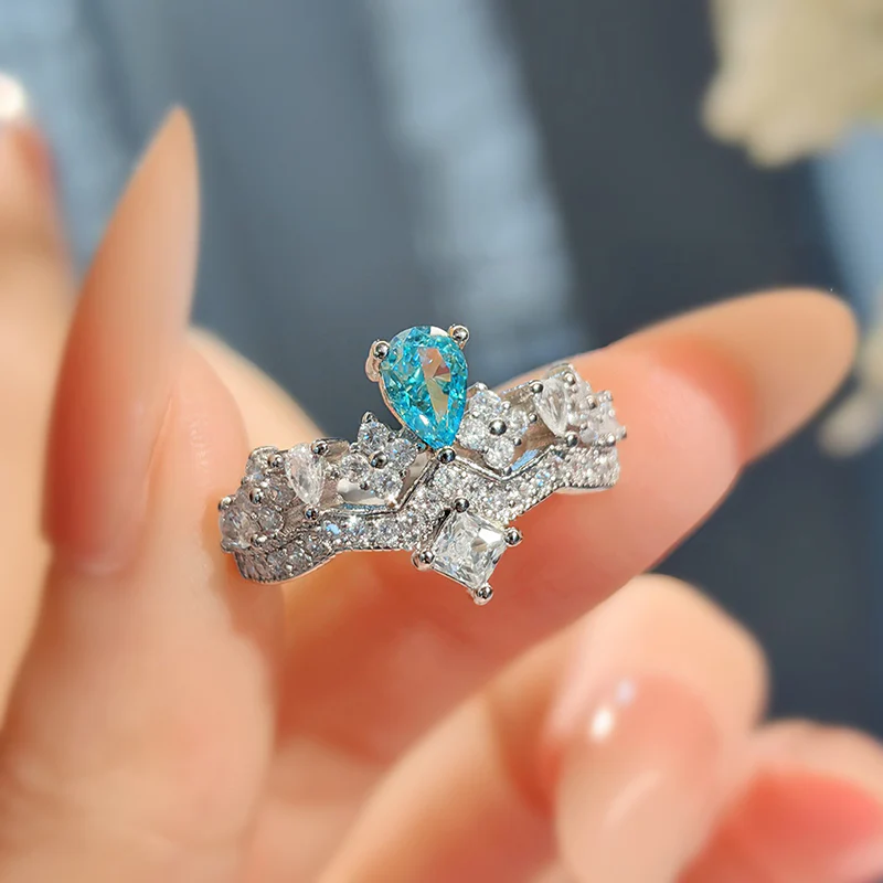 High-end Blue Rhinestone Crown Adjustable Ring - QUGEX