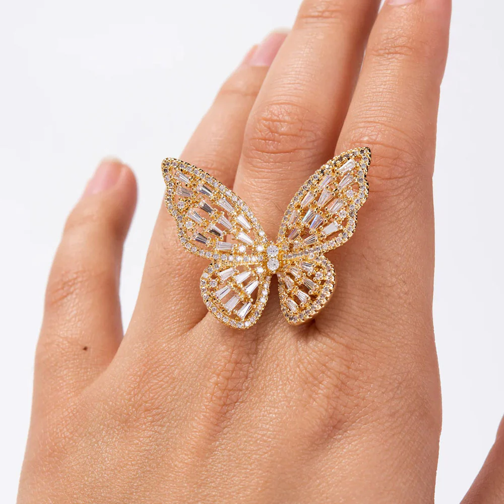 Delicate Zirconia Cut-out Butterfly Adjustable Insect Ring - QUGEX