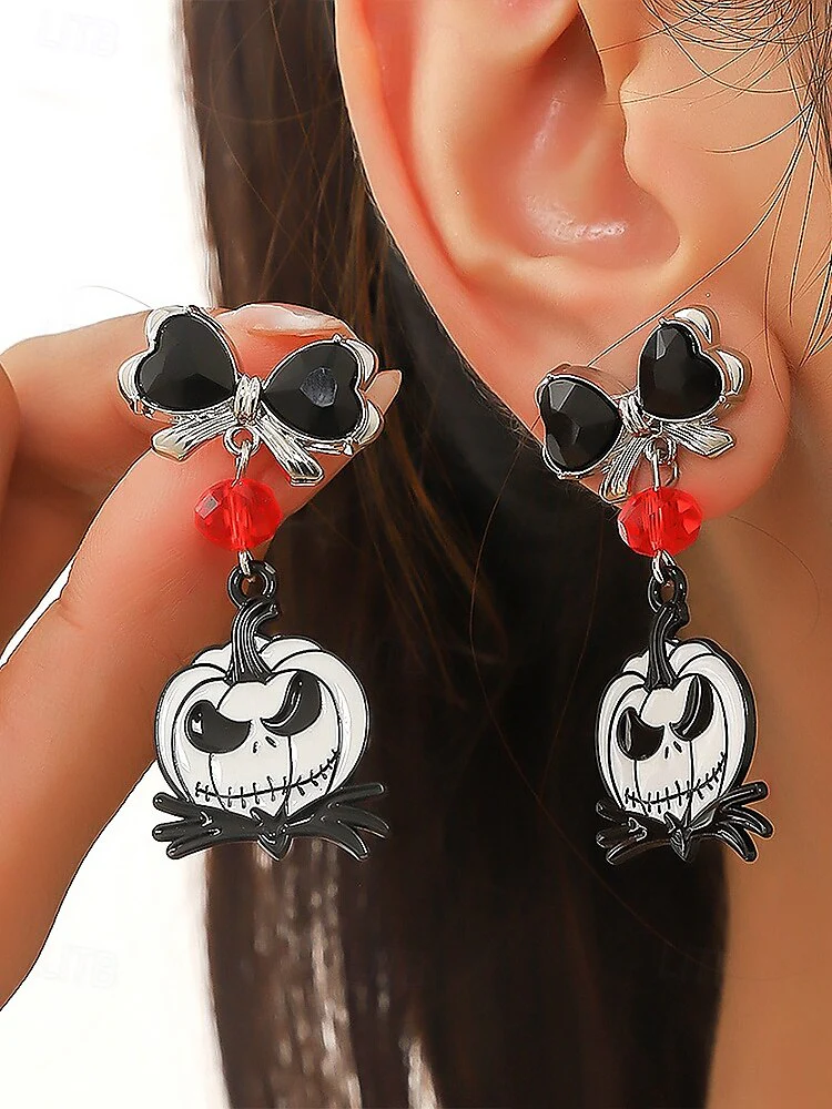 Halloween Black Bow Tie Red Diamond Pumpkin Gothic Earrings Jewelry Set - QUGEX