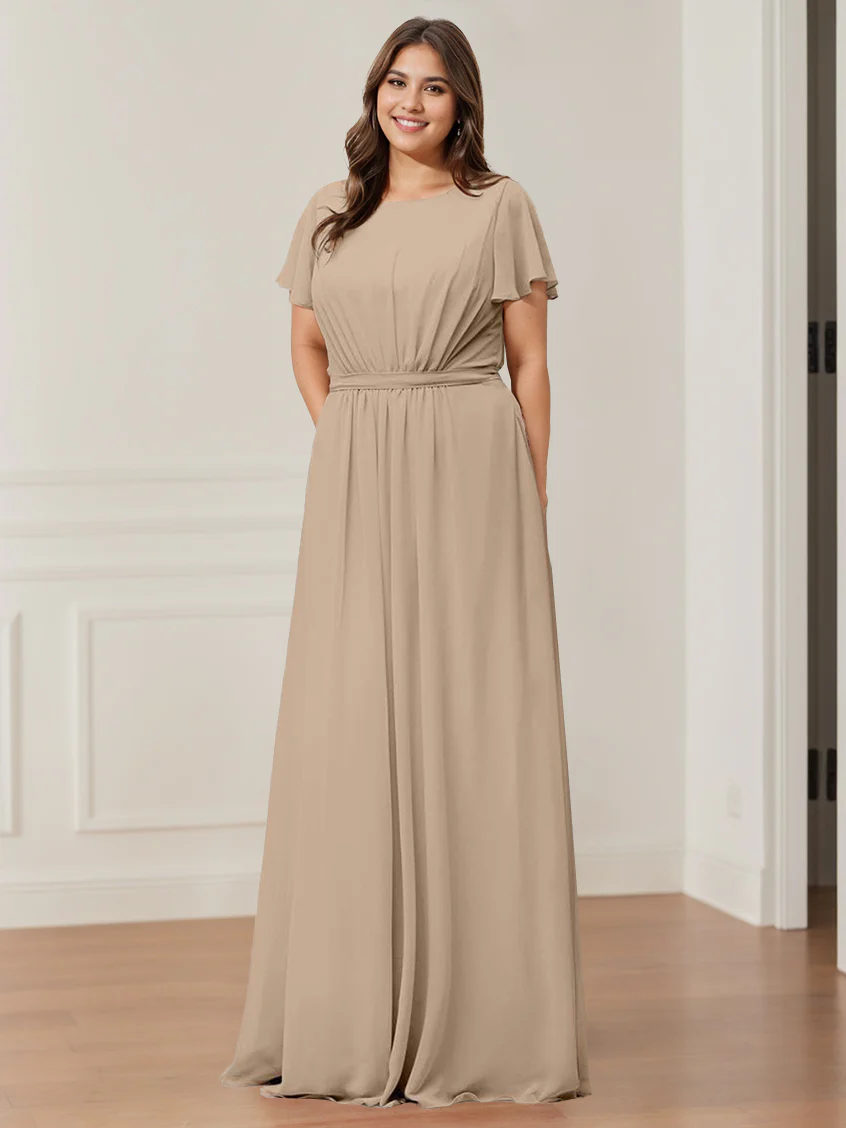 A-Line/Princess Scoop Neck Short Sleeves Floor-Length Bridesmaid Dresses with Pocket & Ruffles - QUGEX