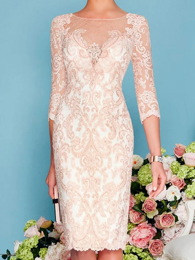 Sheath/Column Scoop Long Sleeves Knee-Length Mother of the Bride Dresses with Lace Beading Appliques - QUGEX