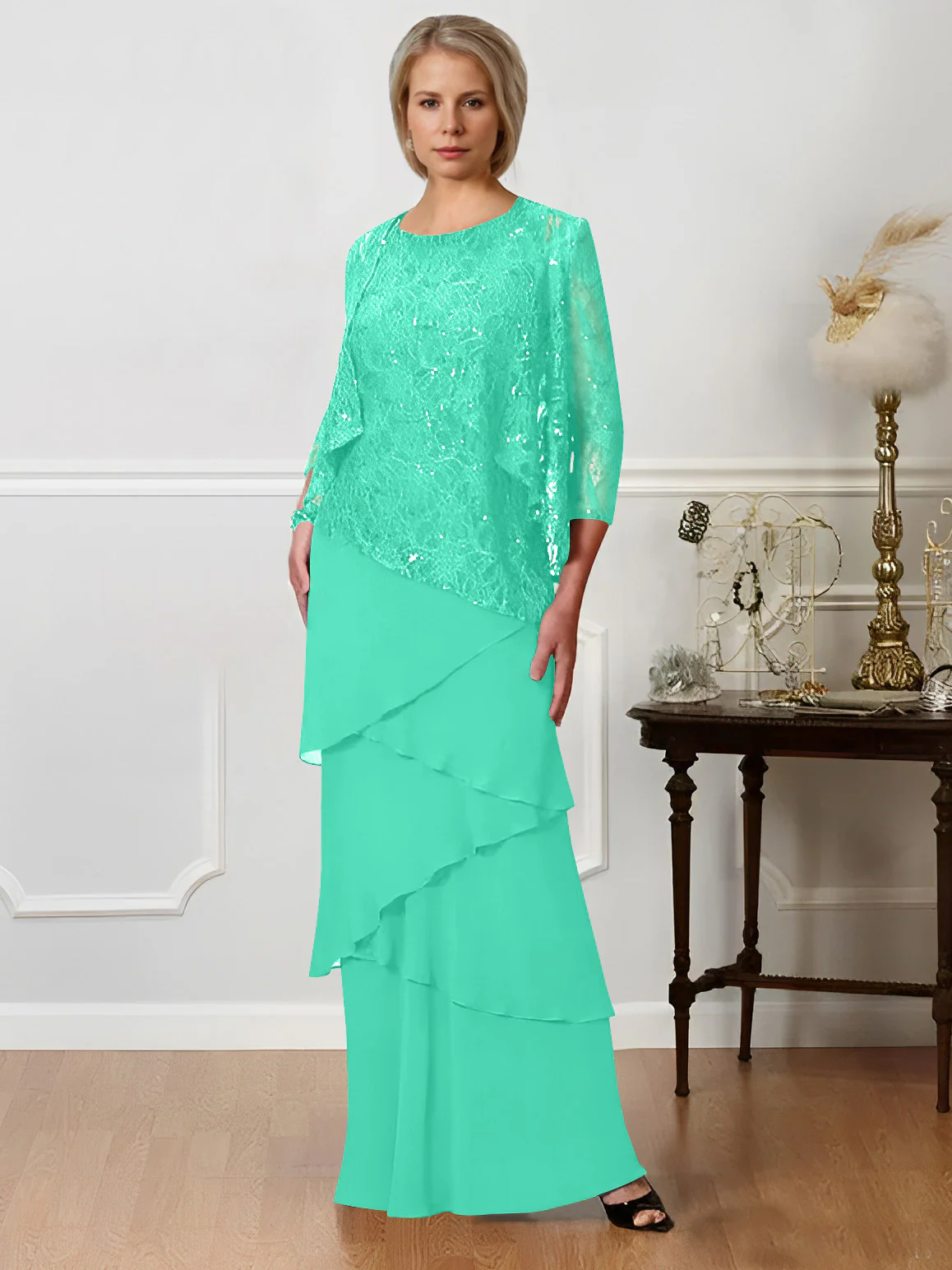 A-Line/Princess Jewel Neck Floor-Length Mother of the Bride Dresses - QUGEX