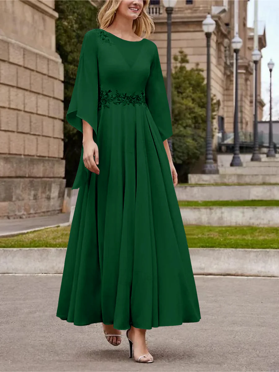 A-Line/Princess Jewel Neck 3/4 Length Sleeve Ankle-Length Mother of the Bride Dresses with Sequins - QUGEX