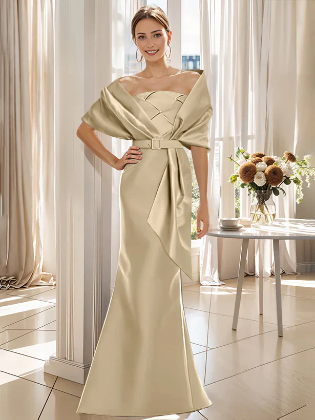 Trumpet 2 Pieces Floor-Length Mother of the Bride  & Groom Dresses with Wrap - QUGEX