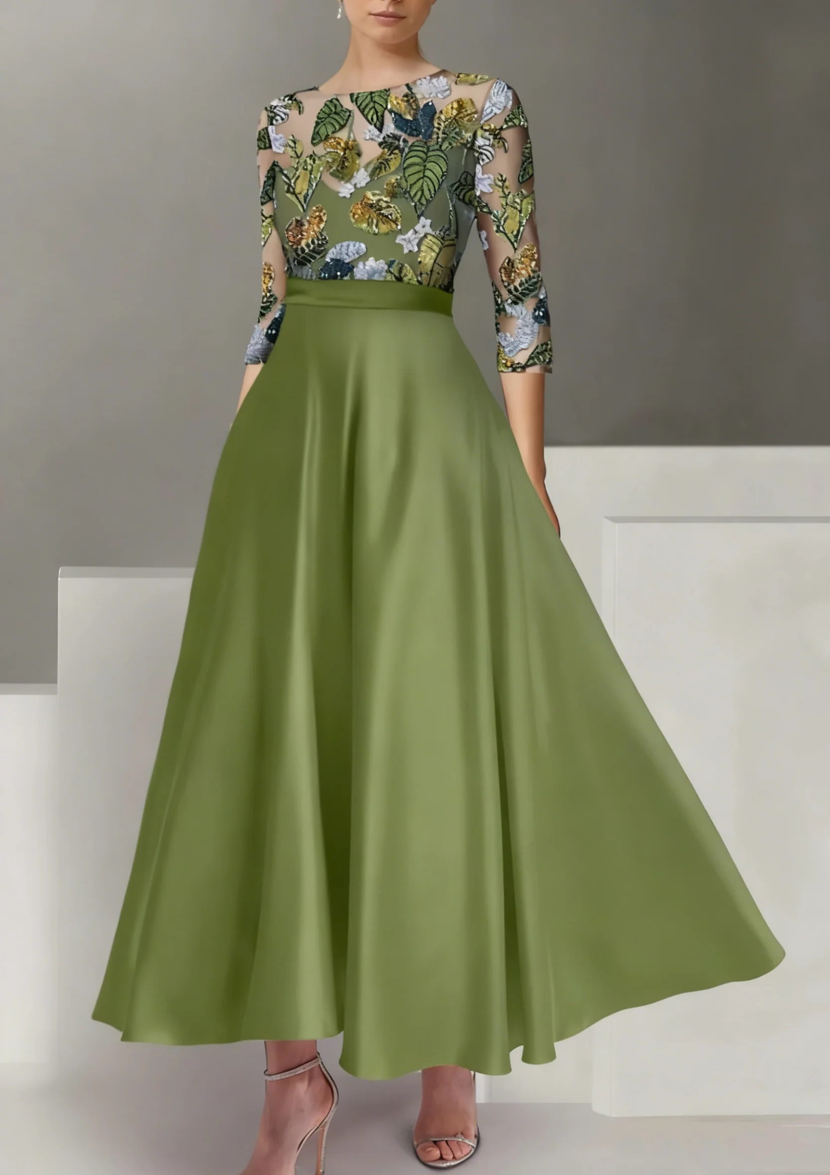 A-Line/Princess Satin Scoop Mother of the Bride Dresses 3/4 Sleeves Ankle-Length Floral Sequins - QUGEX