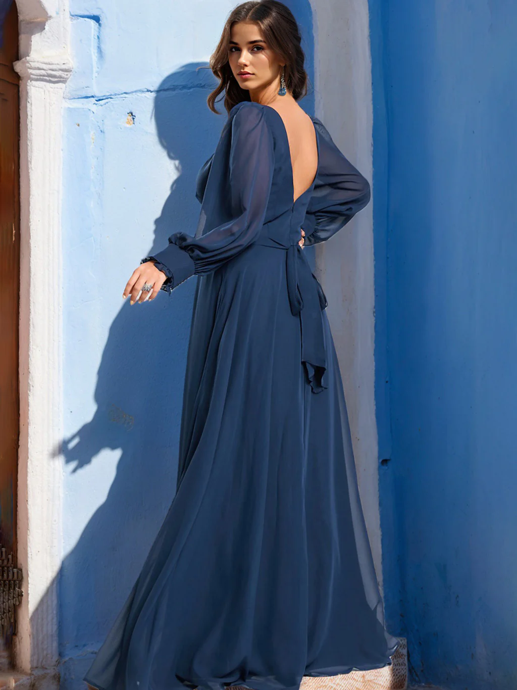 A-Line/Princess V-Neck Long Sleeves Floor-Length Unique Plus Size Bridesmaid Dresses with Split Side - QUGEX