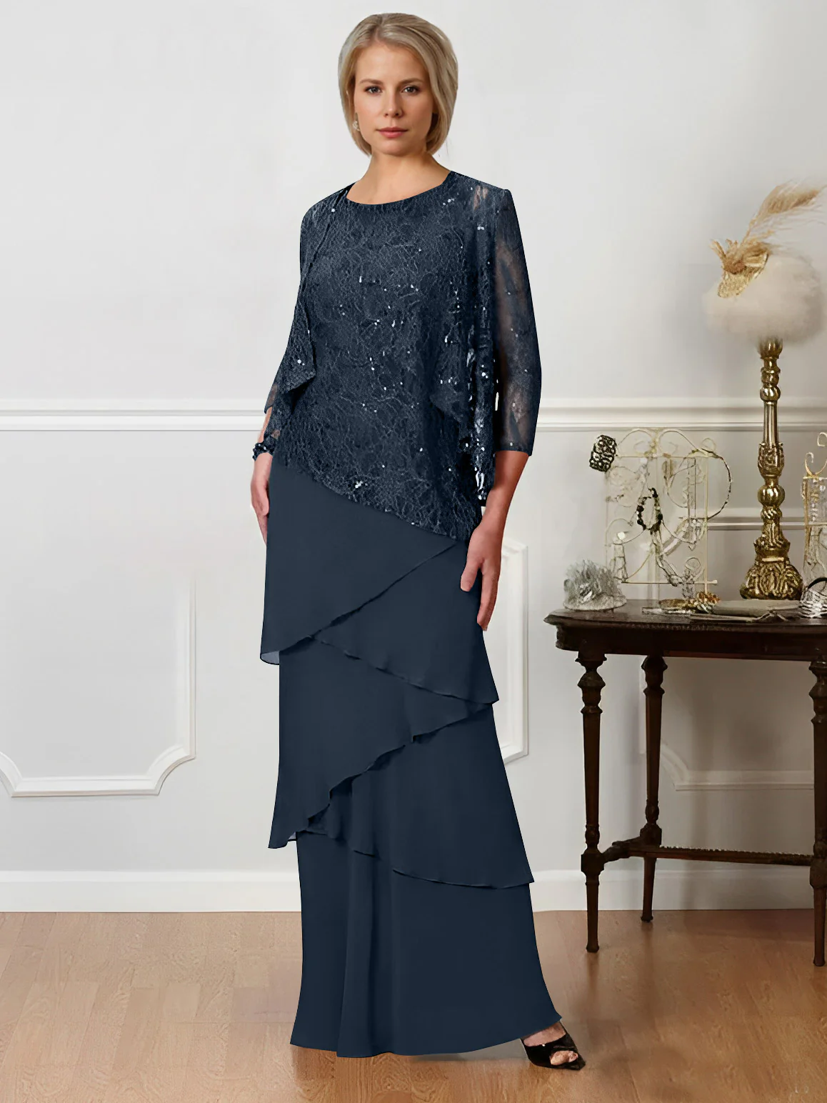 A-Line/Princess Jewel Neck Floor-Length Mother of the Bride Dresses - QUGEX